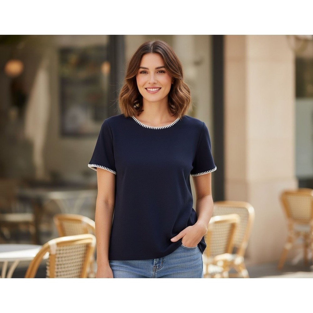 Teddi Rose Navy Short Sleeve Top White Blanket Stitch Crew Neck Medium 1958446